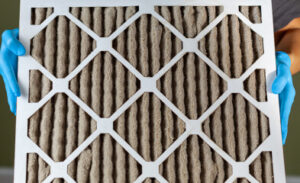 A ridged filter being held by hands in blue gloves